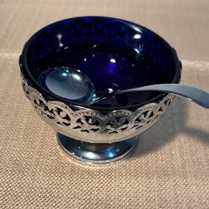Colbalt Blue Glass Bowl Insert and Silver Bowl with Spoon